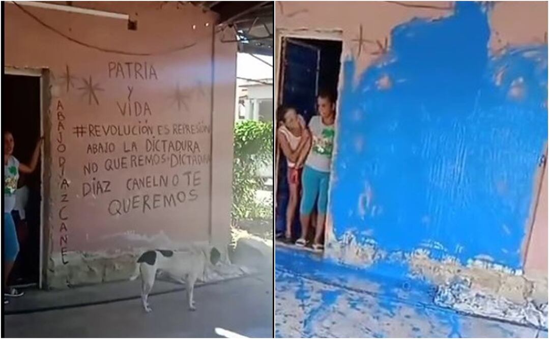 Una familia pintó en una pared de su casa en Cuba parte de la letra de “Patria y Vida”, pero una turba leal a la revolución irrumpió a la fuerza y la borró con manchas azules. Fotos: Cortesía
