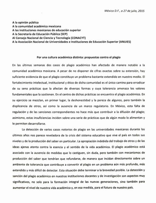 La misiva está fechada el lunes 27 de julio. Consta de ocho propuestas para “Una cultura académica distinta” (ESPECIAL)