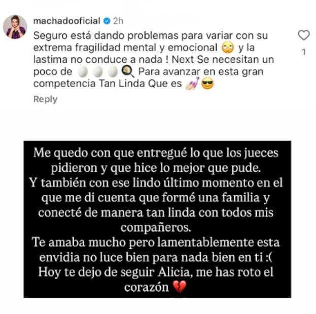 "La Divaza" mostró el mensaje que Alicia Machado le escribió en redes tras salir de "Top Chef VIP".