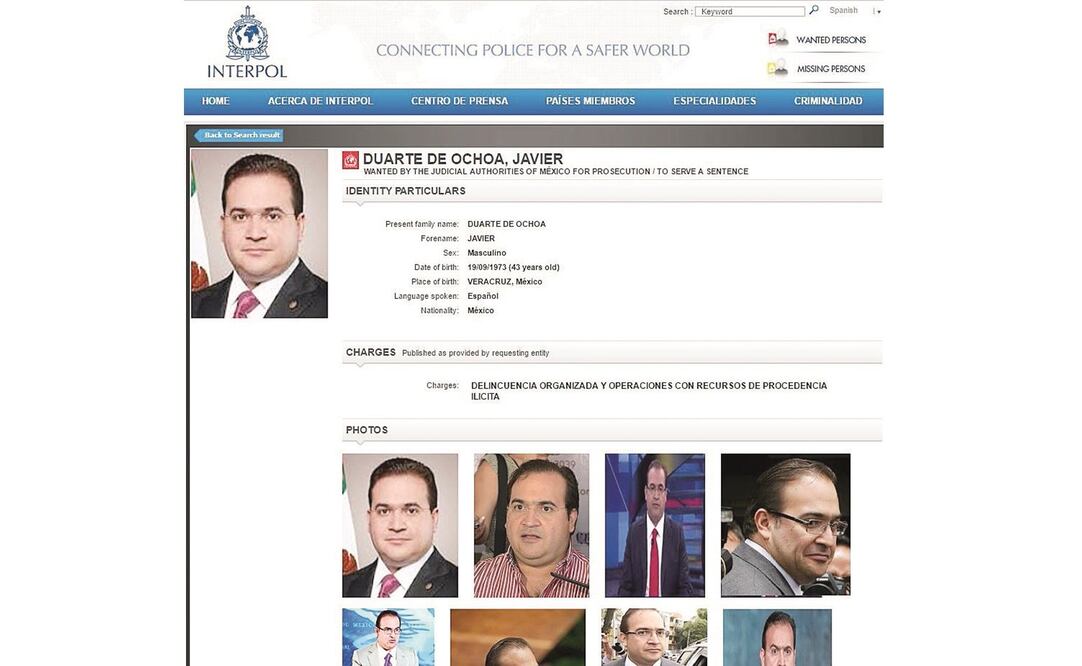 El documento emitido desde el 14 de noviembre de 2016 proporciona datos sobre el ex mandatario para agilizar su localización y captura. Foto: INTERPOL