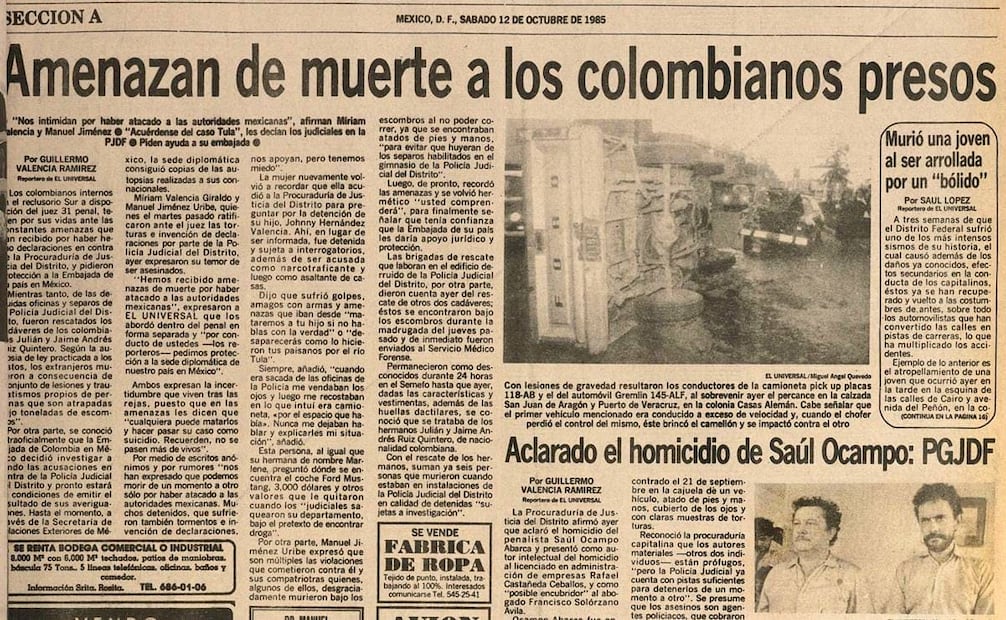 En la esquina inferior derecha se ve una foto de los responsables de la muerte de Saúl Ocampo Abarca: el autor intelectual, Rafael Castañeda (der.) y su encubridor, el abogado Francisco Solórzano Ávila. Hemeroteca EL UNIVERSAL.