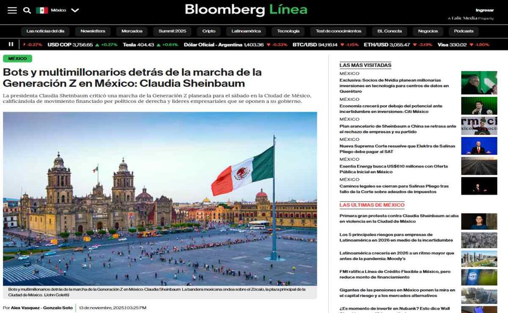 Cobertura del medio Bloomberg sobre la marcha de la generación Z en México. Foto: Captura de pantalla