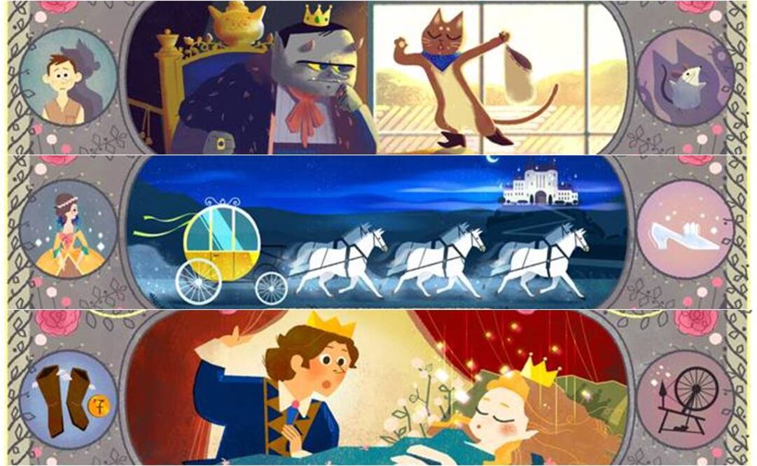 En el doodle del buscador de internet aparecen imágenes de sus obras como la carroza de la Cenicienta, el 'Gato con Botas' y un príncipe a sorprendido por una 'Bella Durmiente' (Especial)