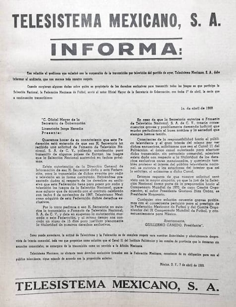 Comunicado de Telesistema Mexicano, impreso en EL UNIVERSAL el 7 de abril de 1969. La competencia entre TSM y Televisión Independiente culminó en 1972, cuando inició el proceso de fusión y se creó Televisa. Foto: Hemeroteca EL UNIVERSAL.