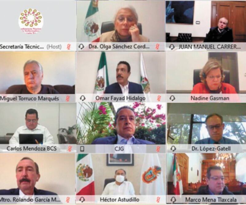 La titular de Segob, Olga Sánchez Cordero (arriba al centro), y otros funcionarios se reunieron con la Conago. Foto: TOMADA DE TWITTER