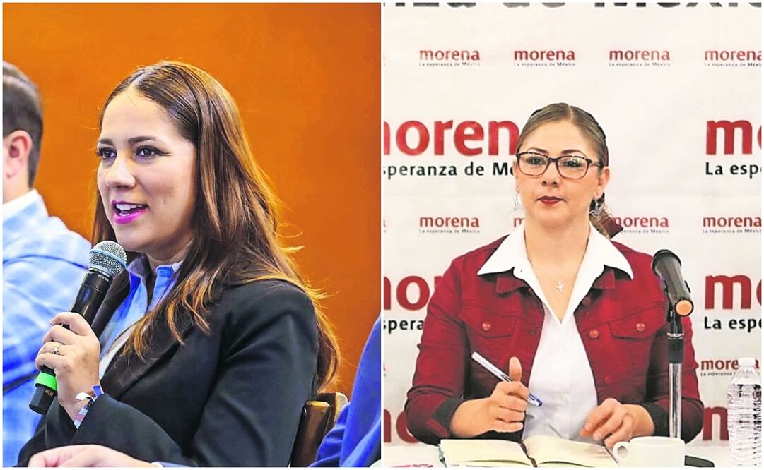 Libia García (izq.) se reunió ayer con empresarios de la Concamin; en tanto, Adriana Muñoz denunció la alteración de un video de la candidata Alma Alcaraz ligándola con el narco. Fotos: Especial