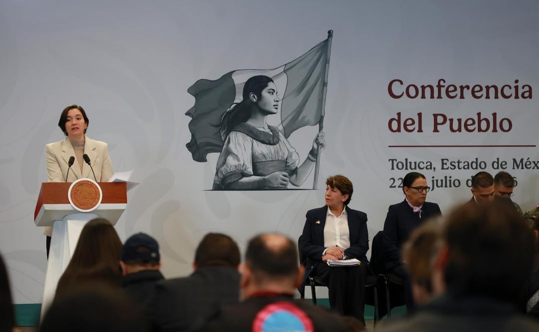 Marcela Figueroa, titular del Secretariado Ejecutivo del Sistema Nacional de Seguridad Pública (SESNSP) durante la conferencia de prensa de la presidenta Claudia Sheinbaum desde Toluca, Edomex (22/07/2026). Foto: Alejandro Vargas