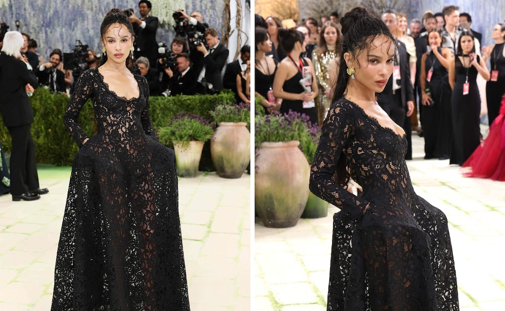 Zoë Kravitz luciendo un vestido de encaje negro. Foto: AFP