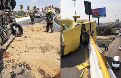 Tráiler a punto de caer de puente tras volcadura en autopista México- Querétaro