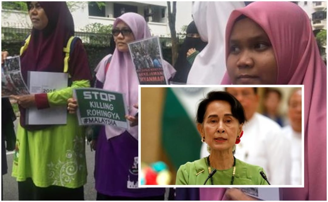 Protesters hold placards near the Myanmar embassy in Kuala Lumpur - Photo:Angie Teo/REUTERS (back). Aung San Suu Kyi -Photo: Soe Zeya Tun/REUTERS (front)