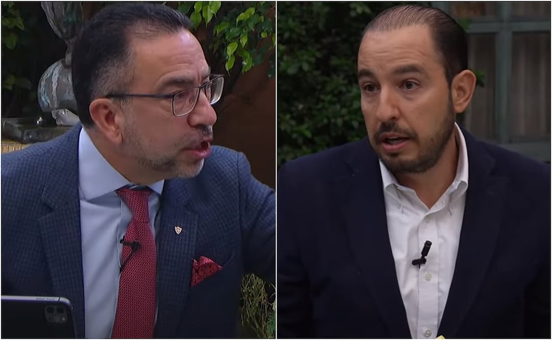 Javier Lozano discutiendo con Marko Cortés sobre la afiliación de García Luna al PAN en un debate político. Foto: Captura de pantalla