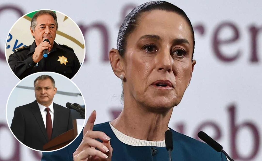 Claudia Sheinbaum en su conferencia de prensa en Palacio Nacional el 28 de julio de 2025. Hernán Bermúdez Requena, exsecretario de Seguridad en Tabasco y el exsecretario de Seguridad Pública de México, Genaro García Luna. Fotos: Berenice Fregoso / EL UNIVERSAL, EFE y Especial.