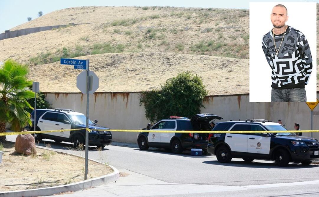 Policías de Los Ángeles patrullan en el acceso a la casa del cantante Chris Brown en el barrio de Tarzana (AP)