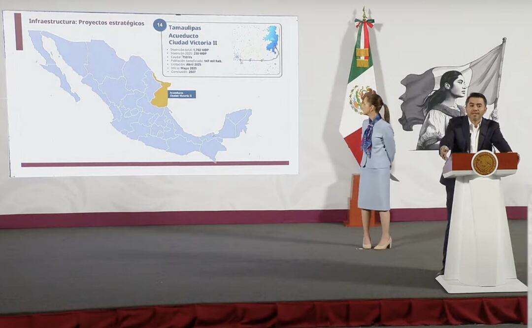 El titular de la Conagua anunció que en mayo arrancarán los trabajos de construcción del segundo acueducto en Tamaulipas (12/03/2025). Foto: Especial