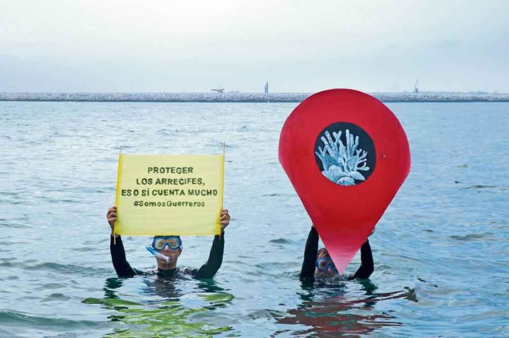 Activistas de Greenpeace se manifestaron en aguas del golfo de México para exigir que se brinde protección a los arrecifes de la zona (CORTESÍA GREENPEACE)