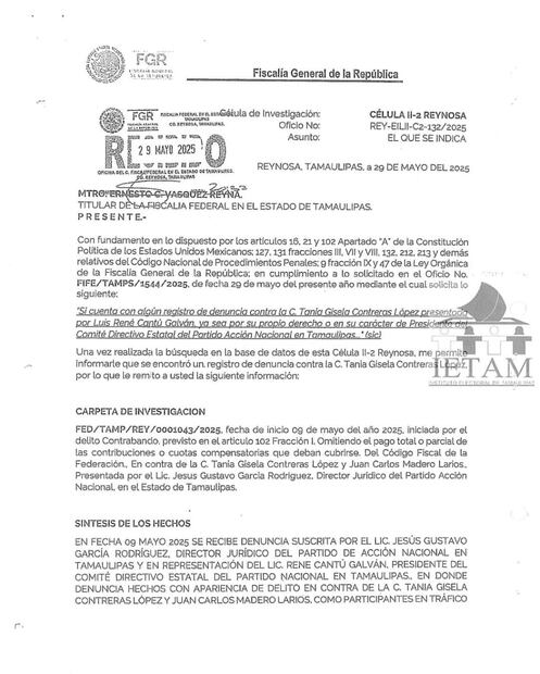 Investigación de la FGR contra Tania Contreras. Foto: Especial