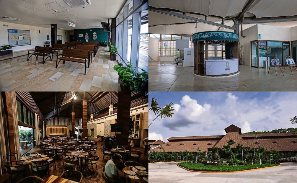 Arriba: La estación San Francisco Campeche del Tren Maya sin gente. Abajo, imágenes del Hotel Tren Maya Calakmul sin huéspedes; un aspecto de su restaurante y otro de su fachada. Fotos: Gabriel Pano / EL UNIVERSAL