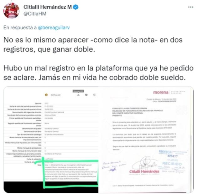 “Hubo un mal registro”: Citlalli Hernández rechaza “dobletear” sueldo