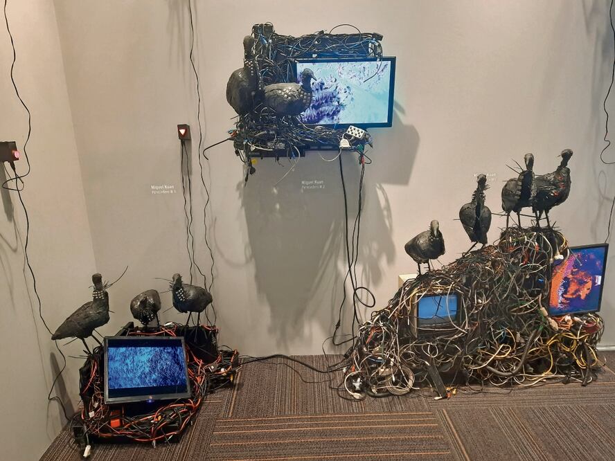 Perecedero #1, Perecedero #2 y Perecedero #3, del artista Miguel Kuan, quien reflexiona sobre cómo podrían ser algunas especies animales en el futuro; las piezas están hechas de chatarra tecnológica y plásticos de un solo uso. Foto: Frida Juárez / EL UNIVERSAL