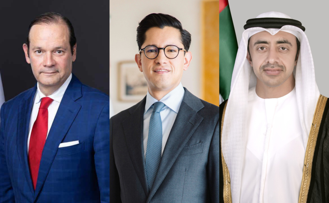 Canciller Roberto Velasco se reúne con los ministro de Asuntos Exteriores de Emiratos Árabes Unidos, Sheikh Abdullah Bin Zayed Al Nahyan y el de Panamá, Javier Martínez-Acha Vásquez (13/04/2026). Foto: Especial