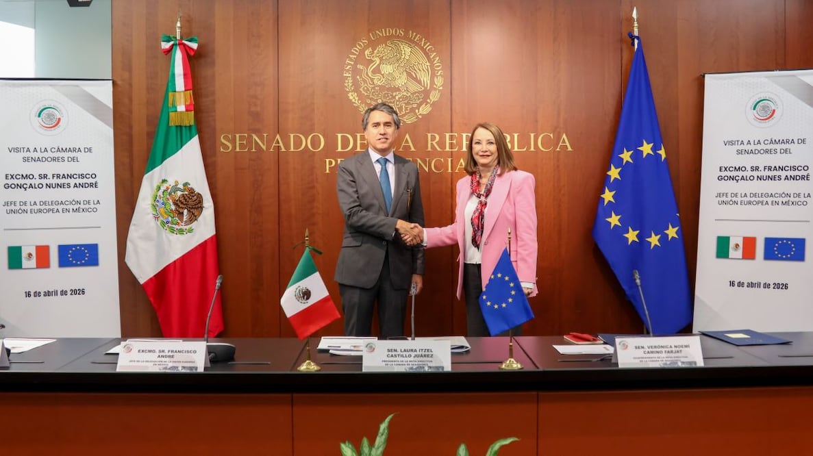 El jefe de la delegación de la Unión Europea en México, Francisco André, y la presidenta de la mesa directiva del Senado de la República, Laura Itzel Castillo. Foto: X @LauraI_Castillo