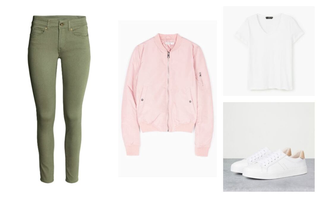 Bomber Stradivarius $599; Jeans H&M $399; Camiseta Mango $169; tenis Bershka $399.