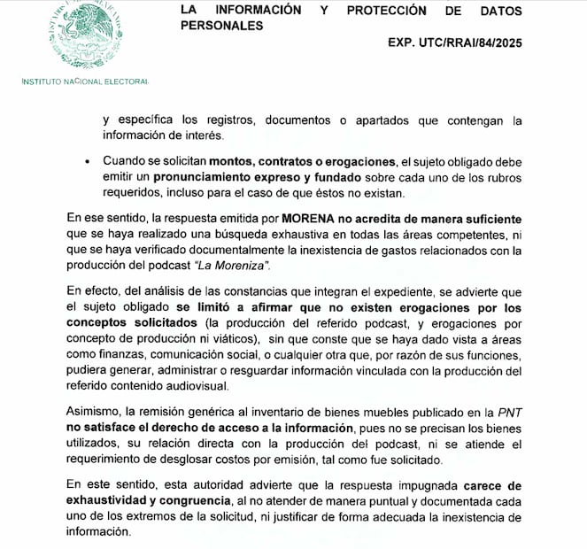 El INE determinó que Morena dio una respuesta carente de exhaustividad y congruencia. Foto: Captura de Pantalla.