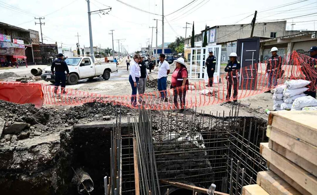 Gómez Álvarez (Morena) supervisa el Colector Chalco, obra hidráulica de 1.8 km que reduce inundaciones. (28/05/25) Foto: Especial