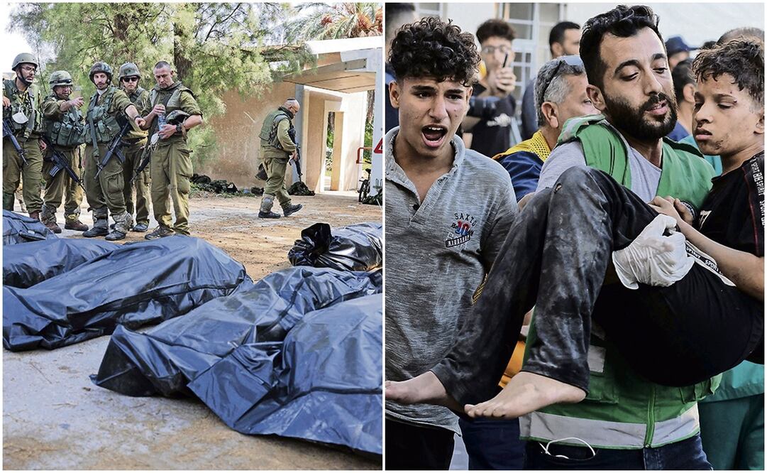 Soldados de Israel sacan cuerpos de civiles asesinados por Hamas en una granja colectiva en Kfar Aza. Foto: AFP