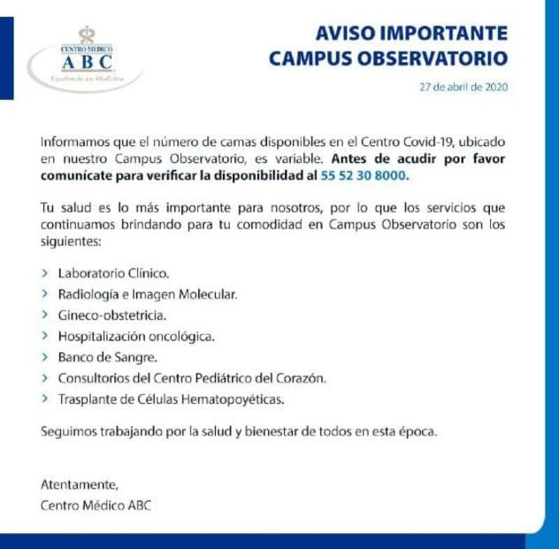 Médica Sur y ABC Observatorio agotan su capacidad para atender Covid-19
