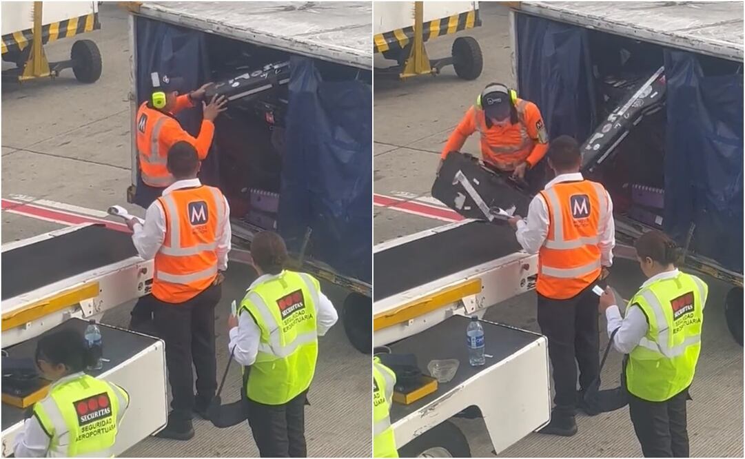En el video se aprecia cómo uno de los trabajadores trata de guardar, a la fuerza, una maleta rectangular y en medio del forcejeo se cae el estuche que contiene una guitarra. Foto: Plataforma X