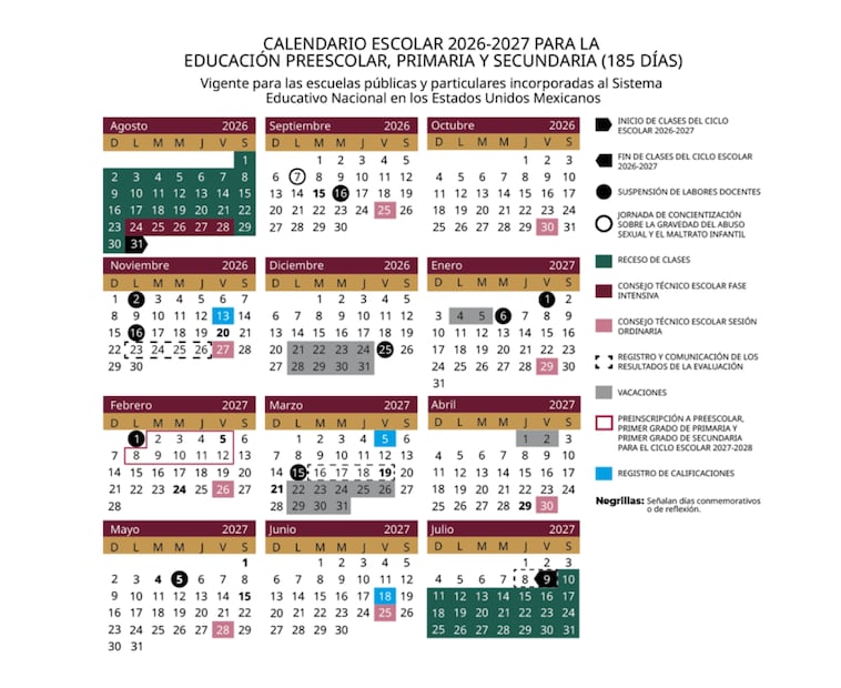 Propuesta del calendario escolar de la Secretaría de Educación Pública para el ciclo escolar 2026-2027. Foto: Captura de pantalla SEP