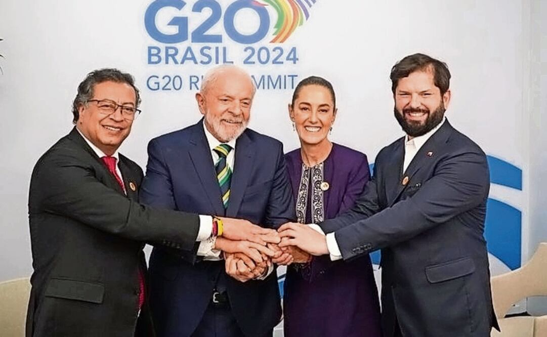 La presidenta de México, Claudia Sheinbaum, con sus homólogos de Colombia, Gustavo Petro (izq.); de Brasil, Luiz Inácio Lula da Silva; y de Chile, Gabriel Boric, en el marco de la cumbre del G20 en Río de Janeiro, en noviembre pasado. Foto: EFE