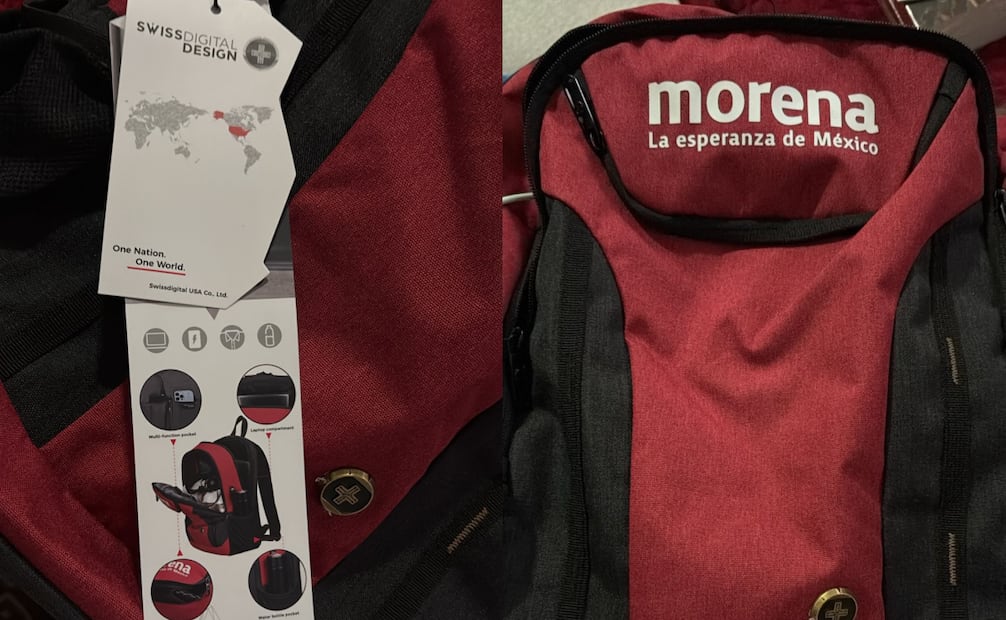 Mochilas entregadas a los asistentes del I Congreso Nacional Extraordinario de Morena (03/05/2026). Foto: Especial