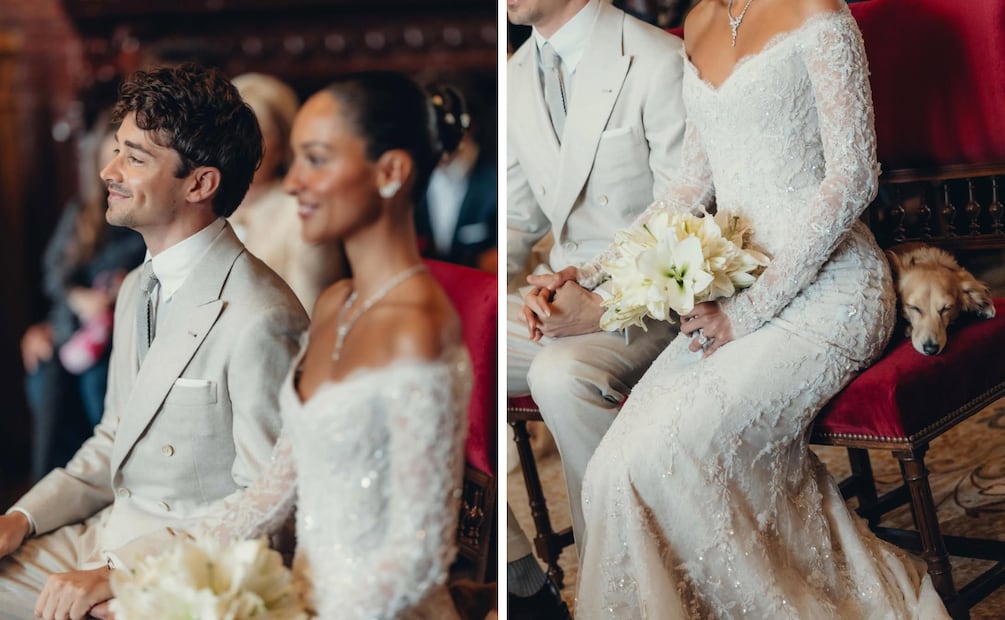 Elegancia sin esfuerzo en el civil más comentado de Charles Leclerc y Alexandra. Foto: Instagram @alexandramalenaleclerc, @germanlarkin, @gregfinck, @side.quest