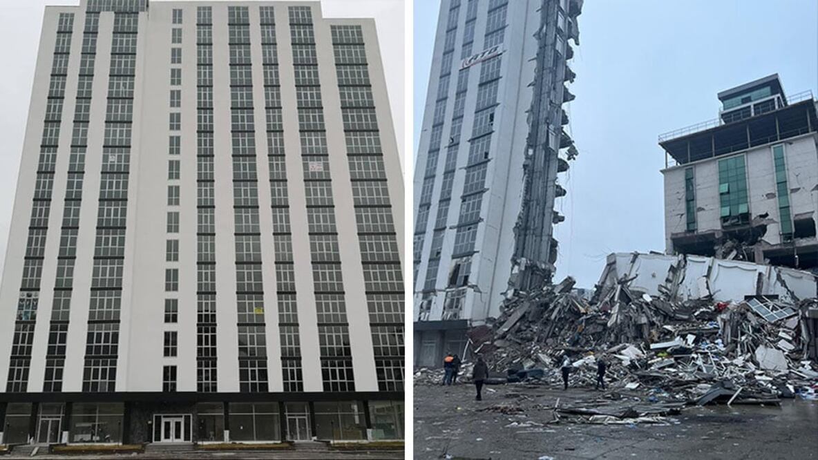 Antes y después: un bloque de apartamentos de reciente construcción en Iskanderun. Foto: BBC
