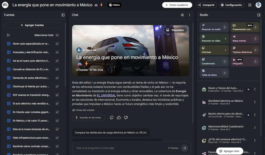 NotebookLM - EL UNIVERSAL: Energía en Movimiento | Captura de pantalla