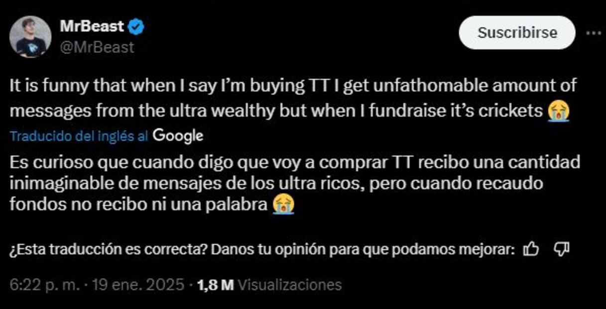 MrBeast critica a “ultra ricos” tras lanzar reto en X, Foto: Captura de pantalla