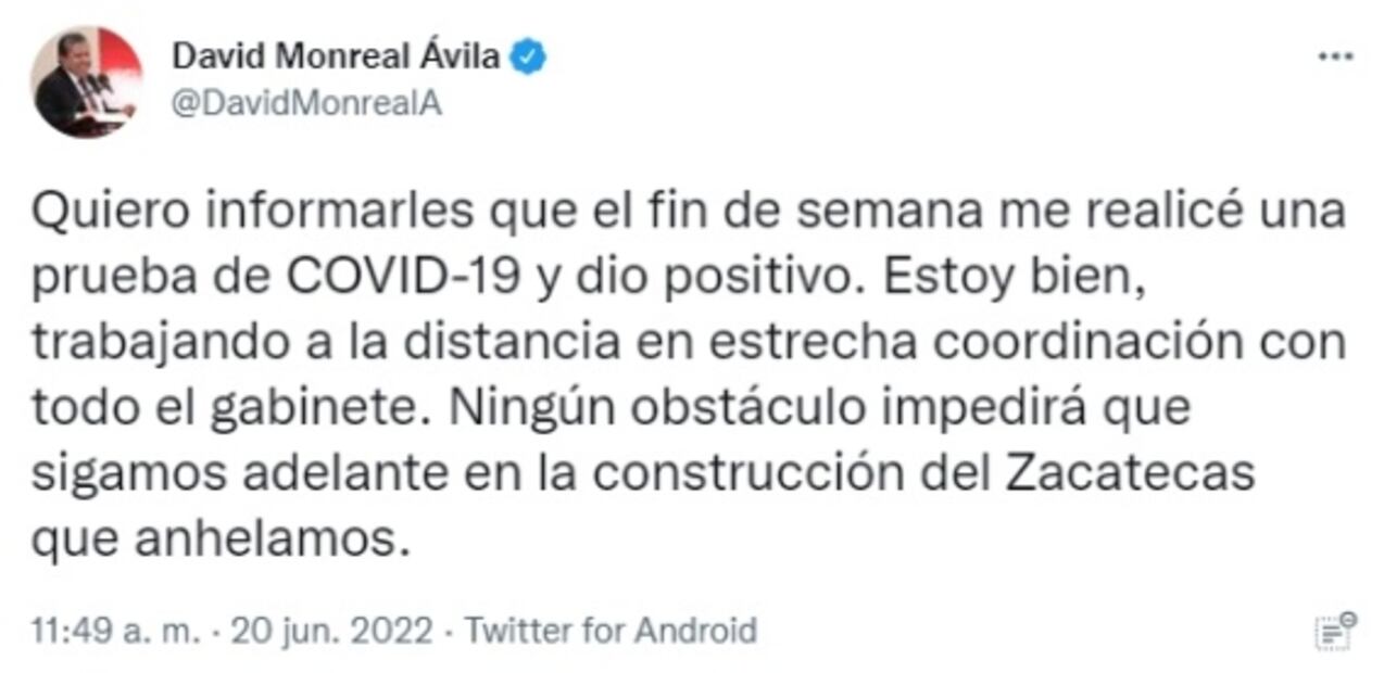 David Monreal, gobernador de Zacatecas, da positivo a Covid-19 