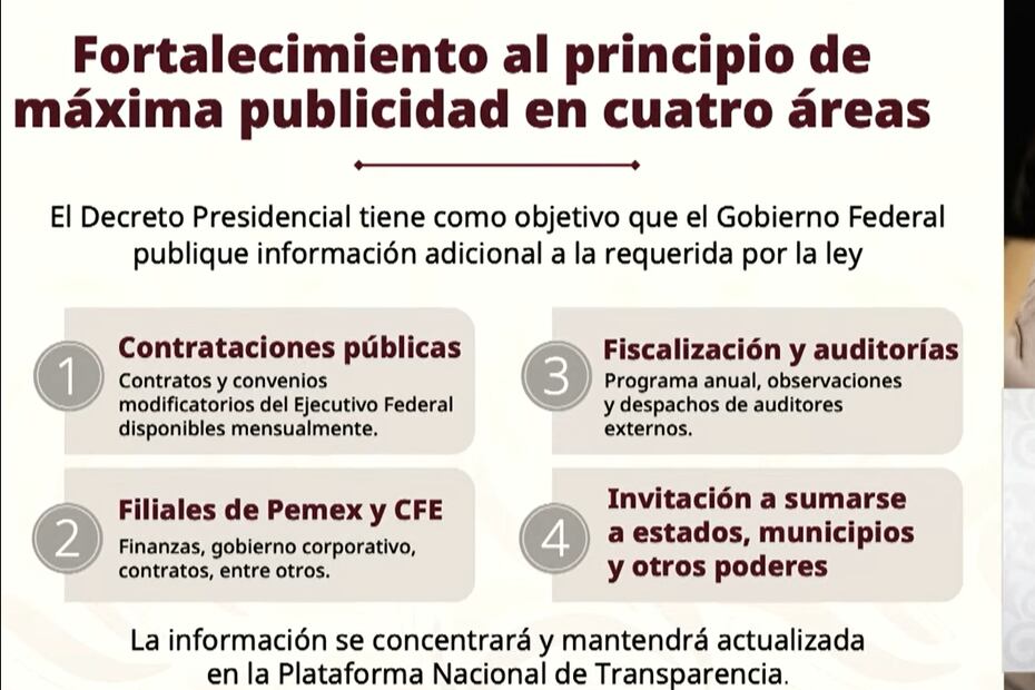 Raquel Buenrostro, secretaria Anticorrupción y Buen Gobierno, anuncia un decreto para fortalecer el principio de máxima publicidad de la información (04/08/2026). Foto: Captura de pantalla