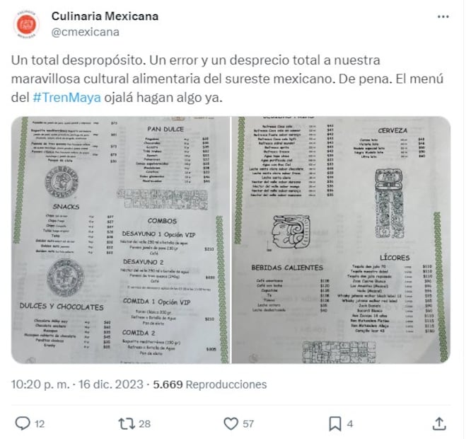 Menú Tren Maya. Foto: X
