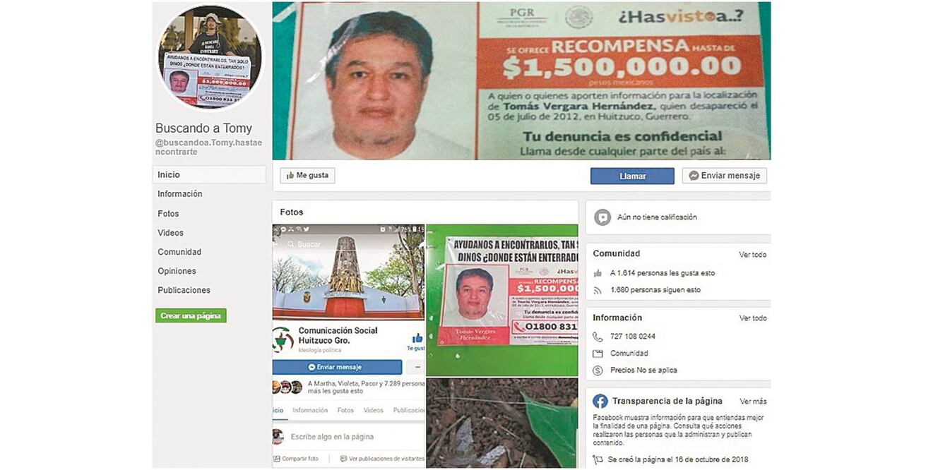En la página de Facebook Buscando a Tomy, Mario ofrece su mezcal y hace denuncias sobre desapariciones. Foto/TOMADA DE FACEBOOK