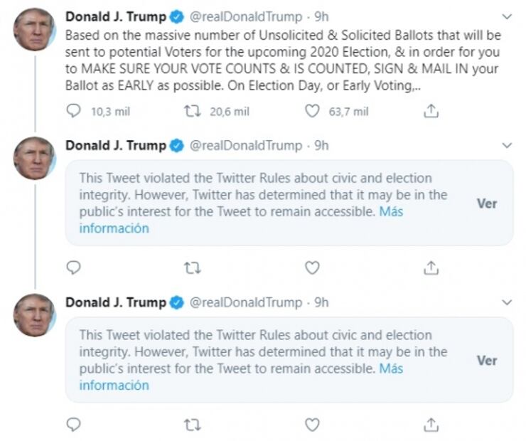 Twitter esconde parcialmente mensajes de Trump en los que pedía verificar voto