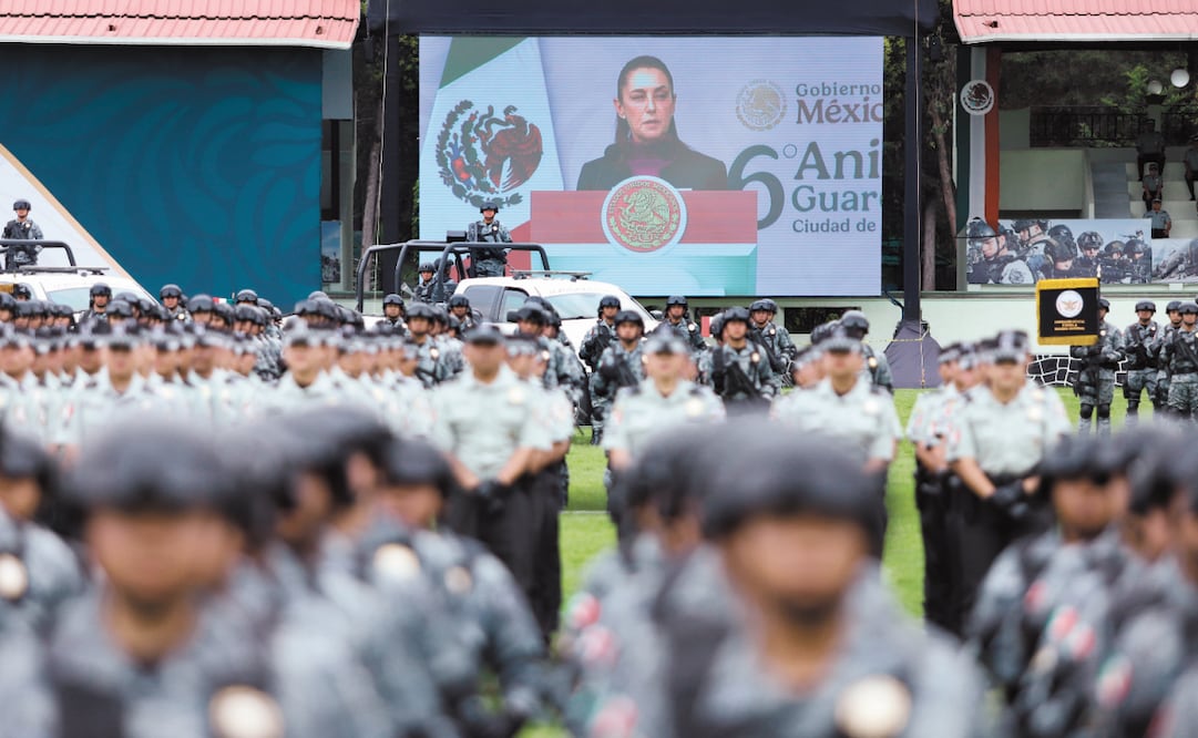 Claudia Sheinbaum, Presidenta de México, da un discurso en Campo Marte por el sexto aniversario de la Guardia Nacional. Foto: Daniel Augusto / CUARTOSCURO