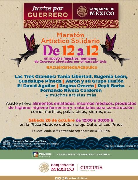 Secretaría de Cultura Invitan a donar insumos. Vía redes sociales.