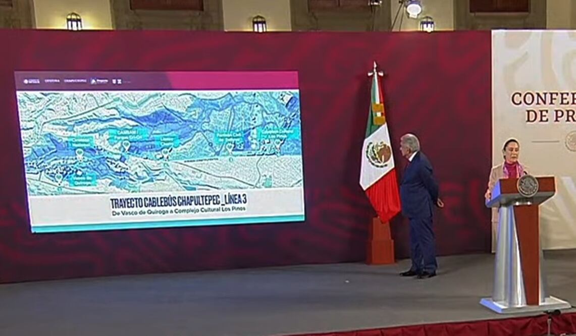 Claudia Sheinbaum informó que en noviembre de este año estará concluido el Cablebus de Chapultepec, la última obra para completar la rehabilitación del complejo cultural Bosque de Chapultepec. Foto: especial