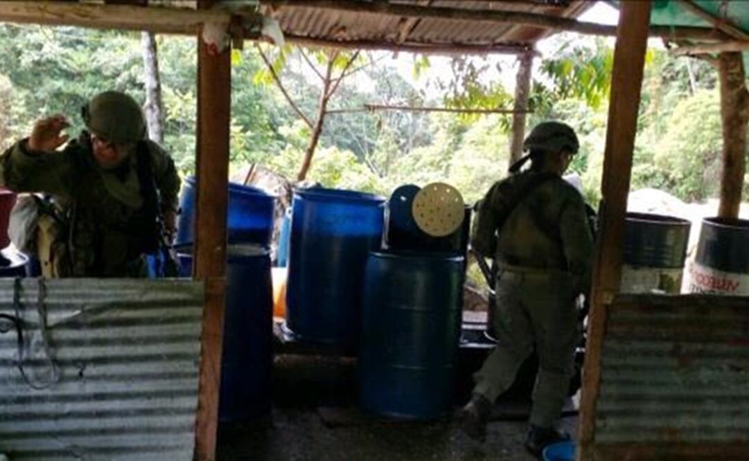 Policías y soldados colombianos recorren uno de los 17 laboratorios que desbarataron. Foto: Policía Nacional de Colombia.