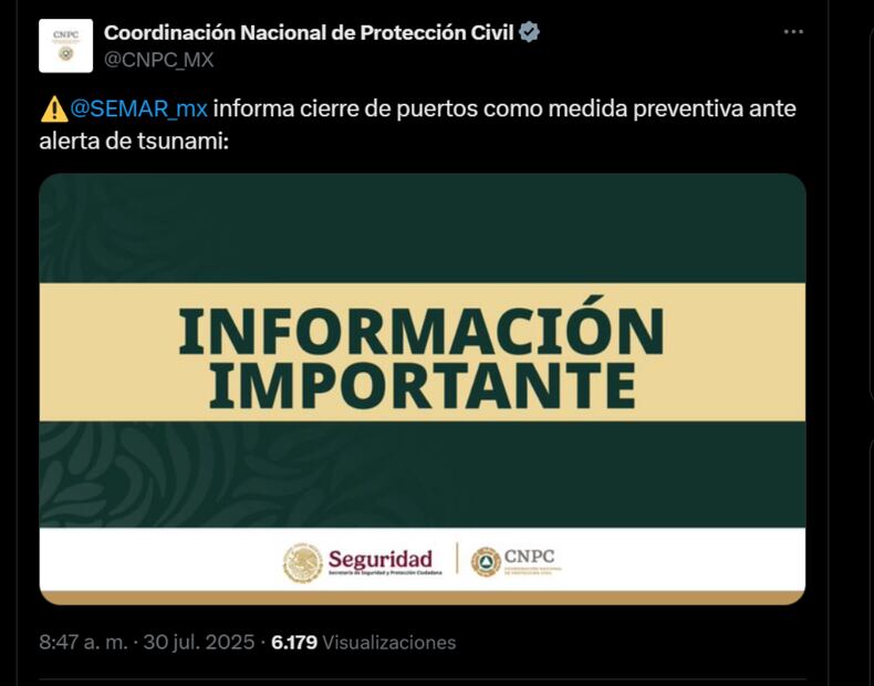 La Comisión Nacional de Protección Civil anunció el cierre de puertos tras la alerta de tsunami en el Pacífico. Foto: captura de pantalla