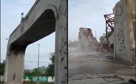 Captan momento del desplome de arco de bienvenida a Coatzintla, Veracruz