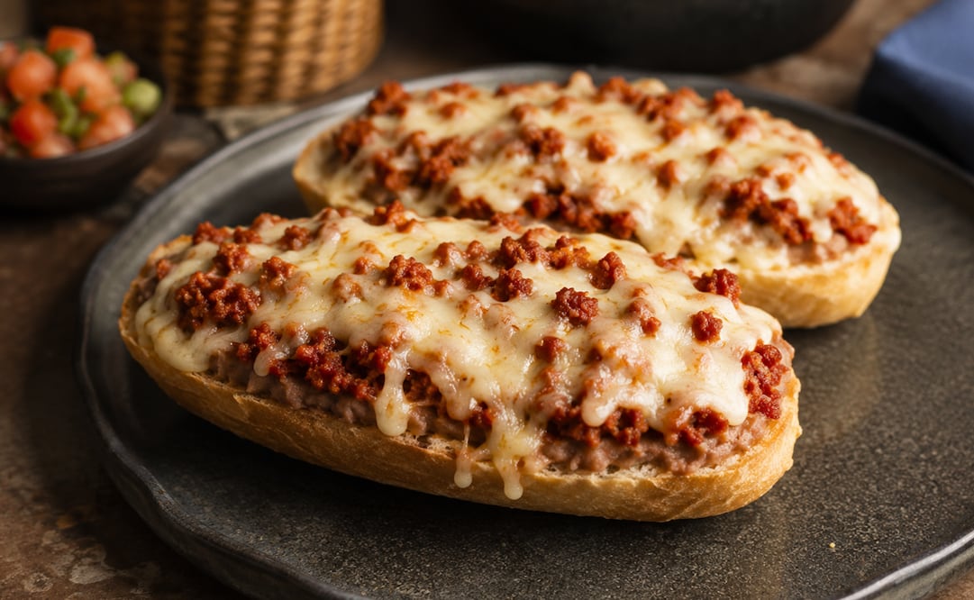 Prepara estos molletes con chorizo y queso gratinado, con una base de pan crujiente. Foto: Imagen generada con IA